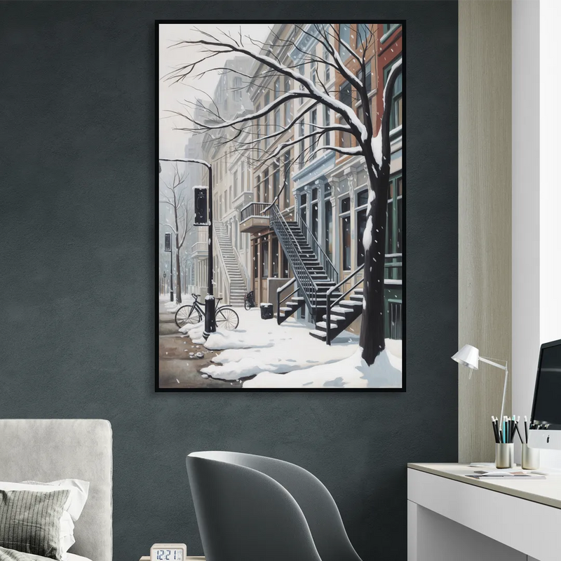 Montreal Snowy Streets Living Room - Black Canvas Wall Art