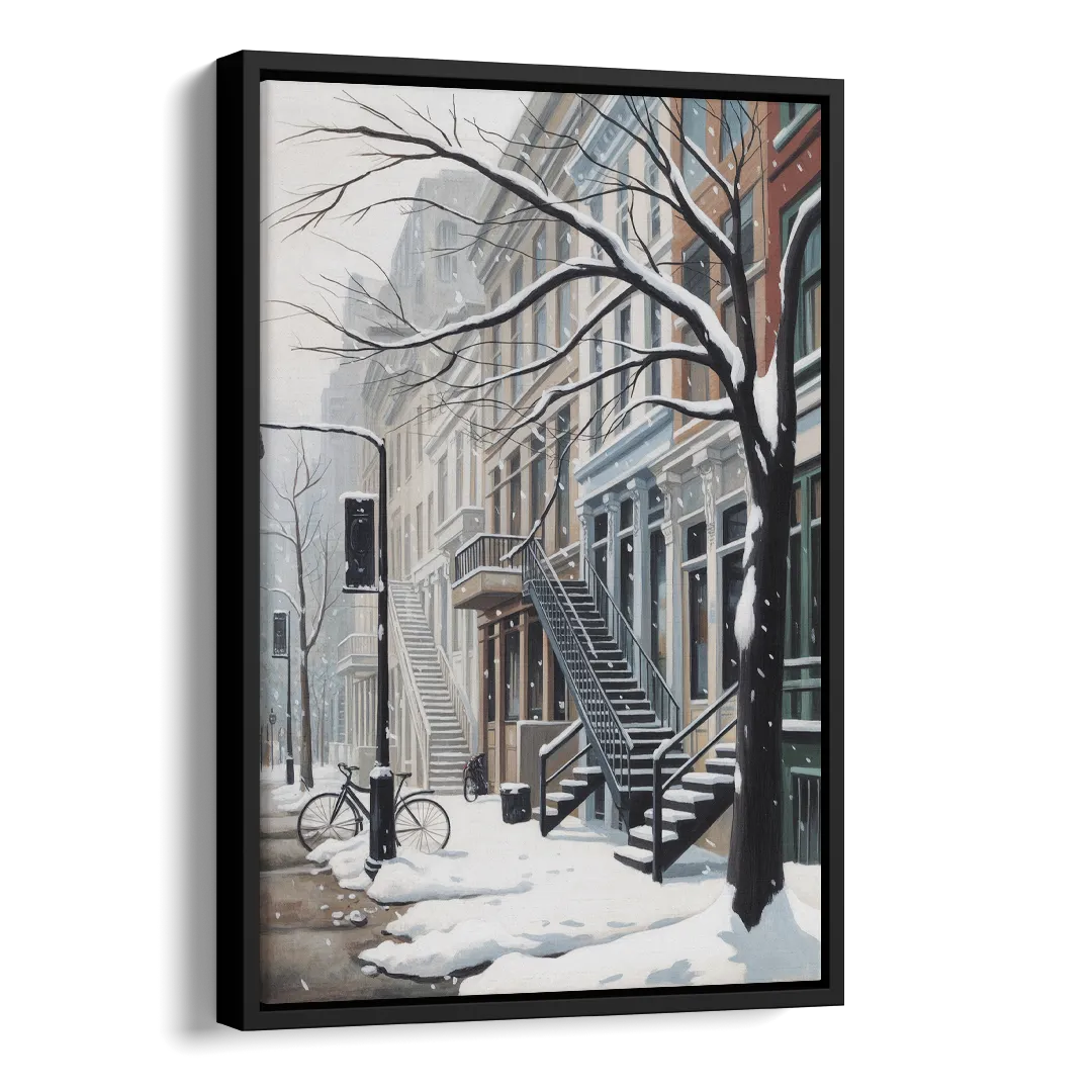 Montreal Snowy Streets Side - Black Canvas Wall Art