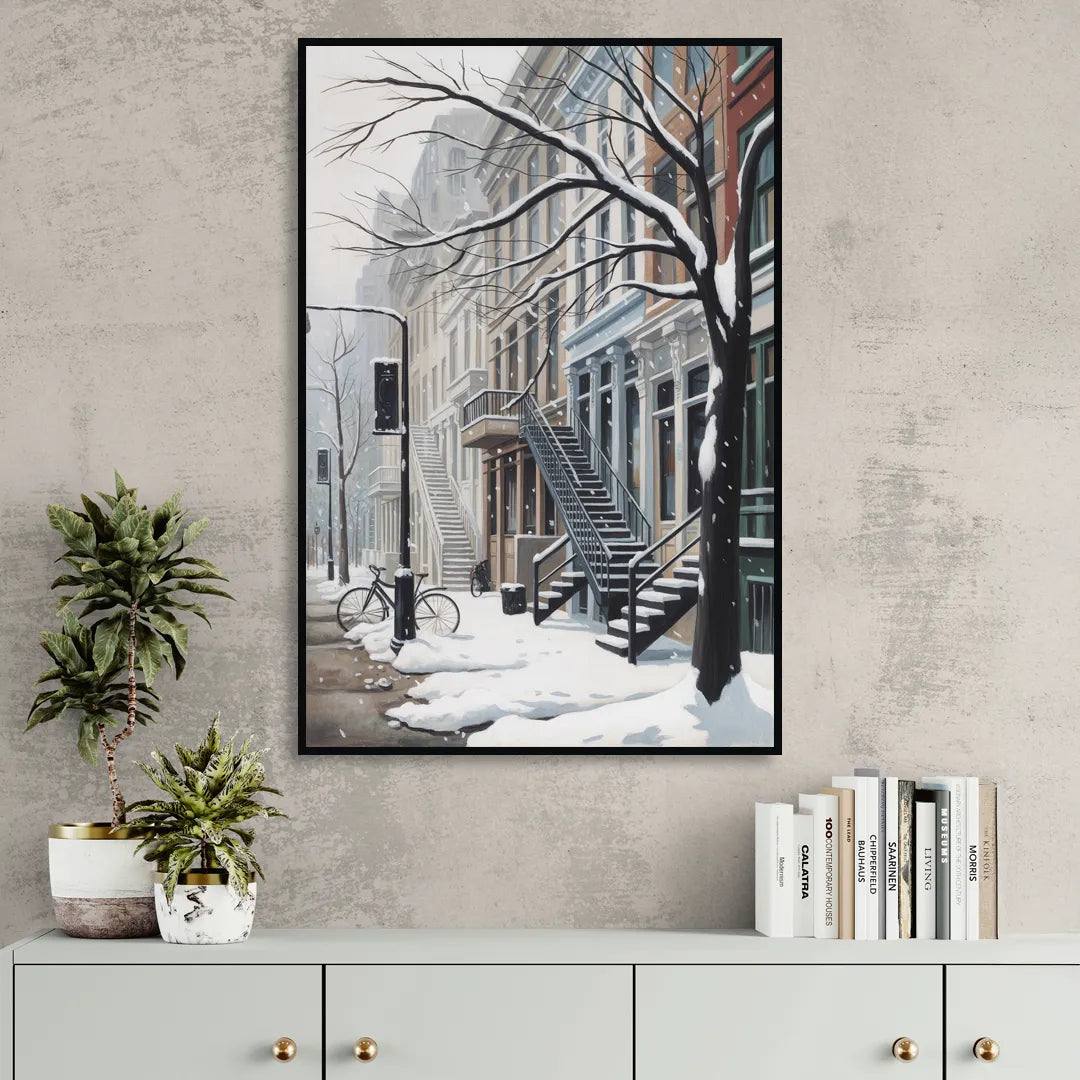 Montreal Snowy Streets Sitting Room - Black Canvas Wall Art
