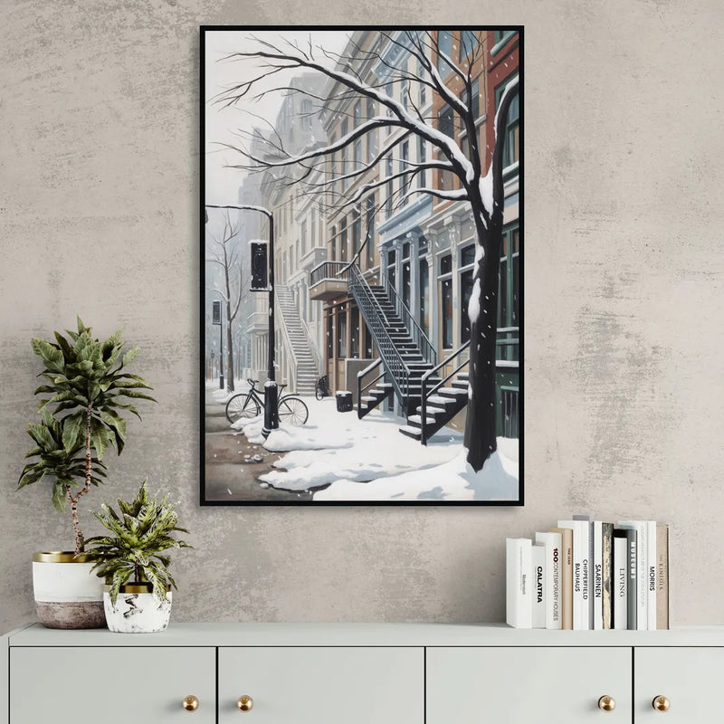 Montreal Snowy Streets Sitting Room - Black Canvas Wall Art