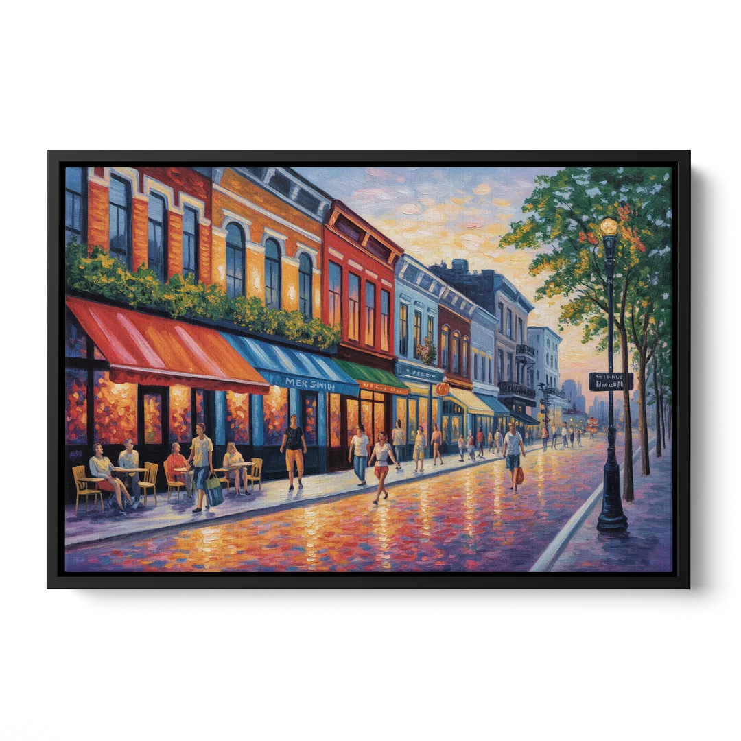 Montreal Summer Streets Front - Black Canvas Wall Art