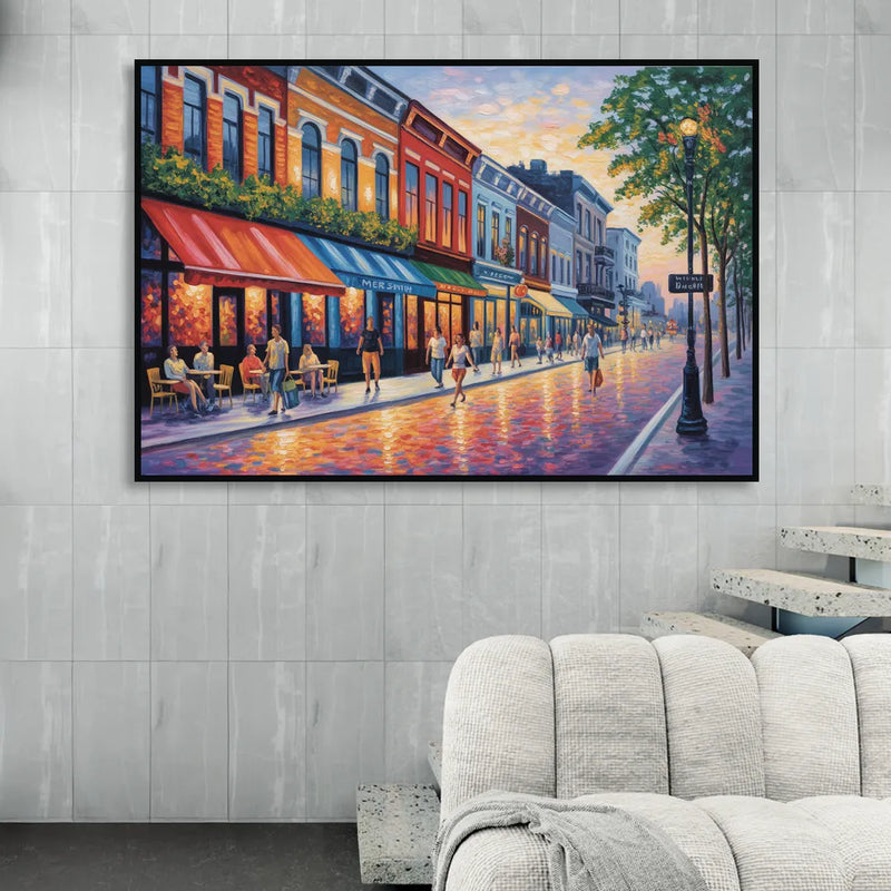 Montreal Summer Streets Living Room - Black Canvas Wall Art