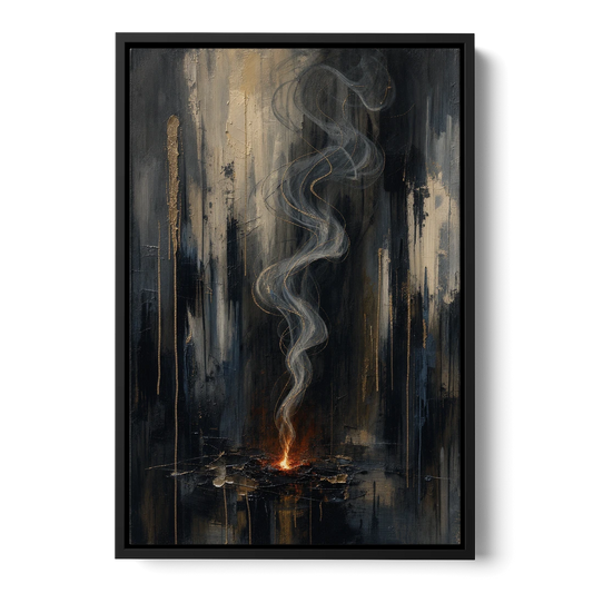 Moody Abstract Painting of Rising Smoke - Black Framed Canvas Wall Art - Front