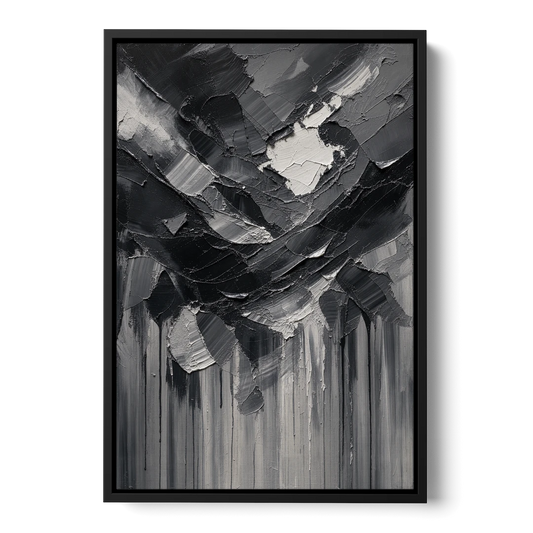 Moody Abstract Storm Tear in Charcoal Impasto - Black Framed Canvas Wall Art - Front