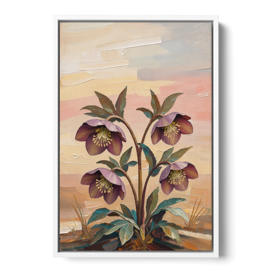 Moody Botanical Prints of Plum Hellebores at Dusk - White Framed Canvas Wall Art - Front
