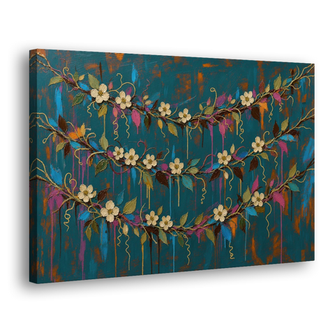 Moody Botanical Wall Art with Trailing Cream Blossoms - Canvas Wall Art - Side