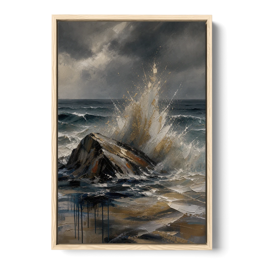 Moody Bronze Spray on Black Rock - Oak Framed Canvas Wall Art - Front