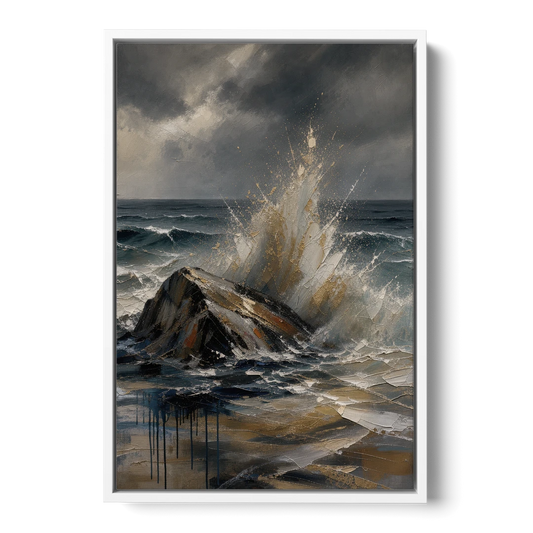 Moody Bronze Spray on Black Rock - White Framed Canvas Wall Art - Front