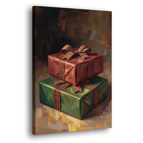 Moody Christmas Wall Art of Two Stacked Plaid Gifts - Canvas Wall Art - Side