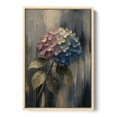 Moody Floral Wall Art of a Drooping Hydrangea - Oak Framed Canvas Wall Art - Front