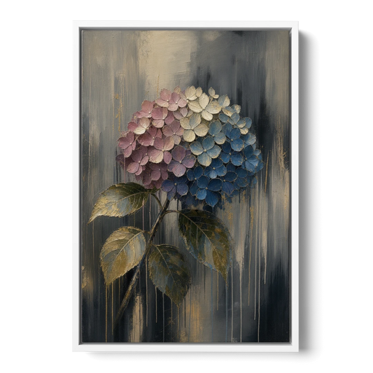 Moody Floral Wall Art of a Drooping Hydrangea - White Framed Canvas Wall Art - Front