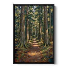 Moody Forest Trail Through Ancient Pines - Black Framed Canvas Wall Art - Front