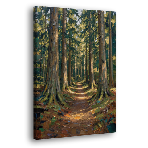Moody Forest Trail Through Ancient Pines - Canvas Wall Art - Side