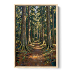 Moody Forest Trail Through Ancient Pines - Oak Framed Canvas Wall Art - Front