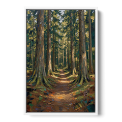 Moody Forest Trail Through Ancient Pines - White Framed Canvas Wall Art - Front
