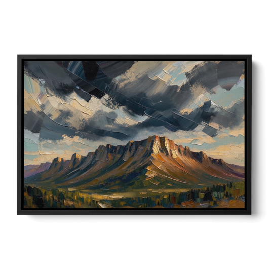 Moody Landscape Painting of the Storm Ridge - Black Framed Canvas Wall Art - Front