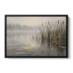 Moody Landscape Wall Art with Cattails in Fog - Black Framed Canvas Wall Art - Front