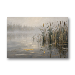 Moody Landscape Wall Art with Cattails in Fog - Canvas Wall Art - Front