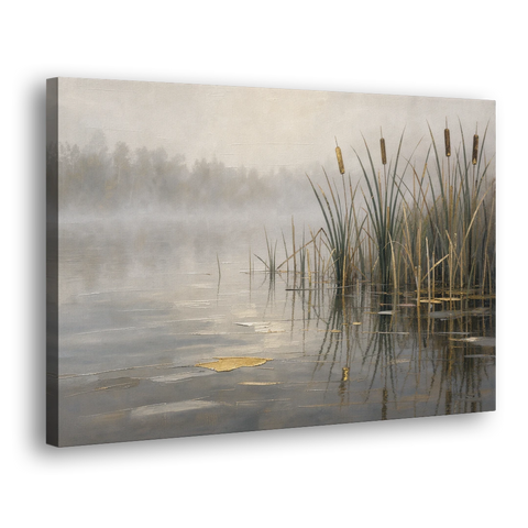 Moody Landscape Wall Art with Cattails in Fog - Canvas Wall Art - Side