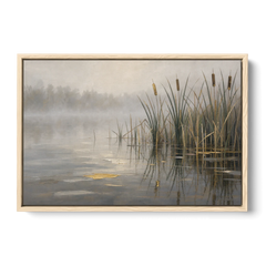 Moody Landscape Wall Art with Cattails in Fog - Oak Framed Canvas Wall Art - Front