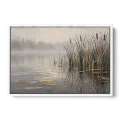 Moody Landscape Wall Art with Cattails in Fog - White Framed Canvas Wall Art - Front