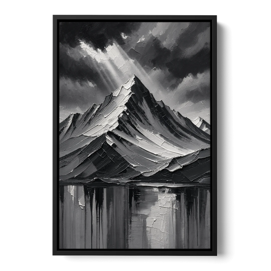 Moody Mountain Painting Under Breaking Light - Black Framed Canvas Wall Art - Front