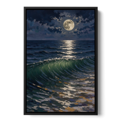 Moody Ocean Painting Under the Midnight Moon - Black Framed Canvas Wall Art - Front