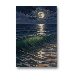 Moody Ocean Painting Under the Midnight Moon - Canvas Wall Art - Front
