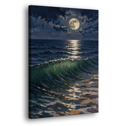 Moody Ocean Painting Under the Midnight Moon - Canvas Wall Art - Side