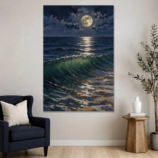 Moody Ocean Painting Under the Midnight Moon - Canvas Wall Art - Sofa - 40x60