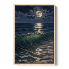 Moody Ocean Painting Under the Midnight Moon - Oak Framed Canvas Wall Art - Front