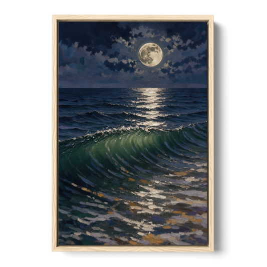 Moody Ocean Painting Under the Midnight Moon - Oak Framed Canvas Wall Art - Front