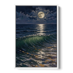 Moody Ocean Painting Under the Midnight Moon - White Framed Canvas Wall Art - Front