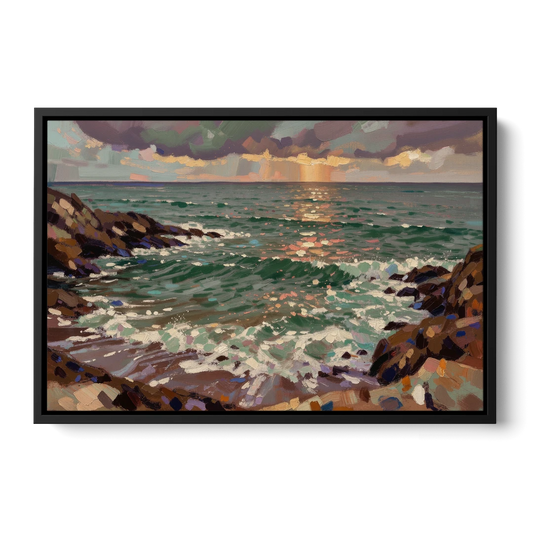 Moody Paintings of an Emerald Cove at Dusk - Black Framed Canvas Wall Art - Front
