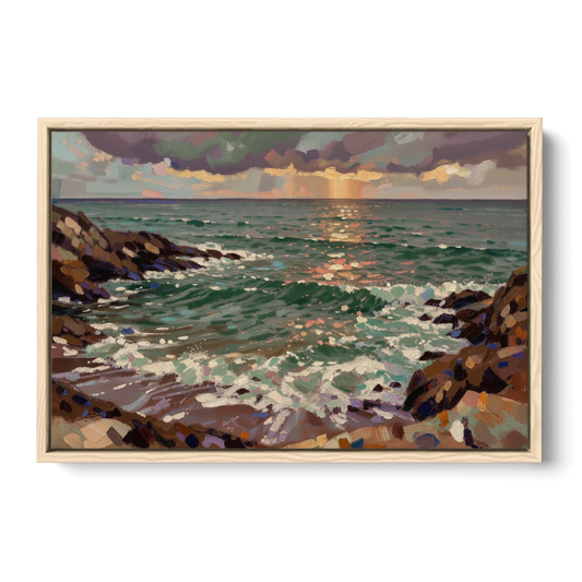 Moody Paintings of an Emerald Cove at Dusk - Oak Framed Canvas Wall Art - Front