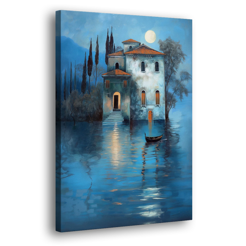 Moonlight Painting of a Lakeside Villa - Canvas Wall Art - Side