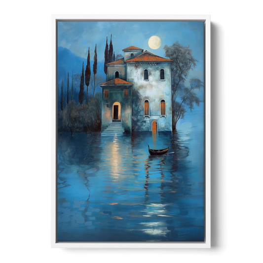 Moonlight Painting of a Lakeside Villa - White Framed Canvas Wall Art - Front