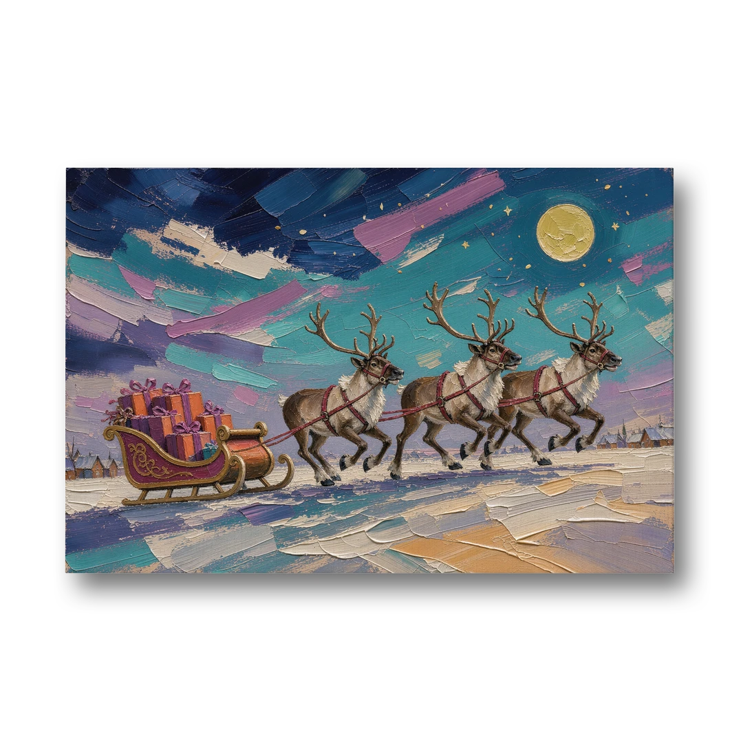 Moonlit Reindeer Sleigh Run - Canvas Wall Art - Front