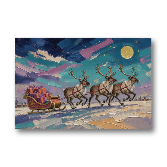 Large Christmas Moonlit Reindeer Sleigh Run - Canvas Wall Art - Front