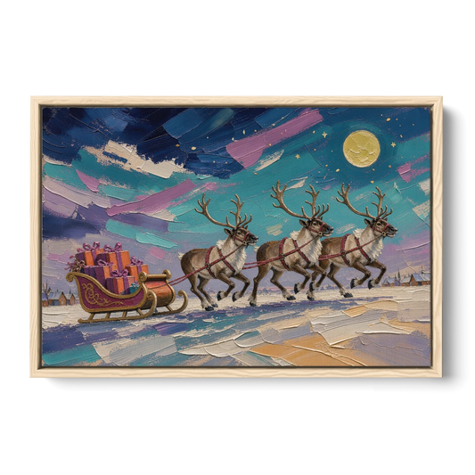 Large Christmas Moonlit Reindeer Sleigh Run - Oak Framed Canvas Wall Art - Front