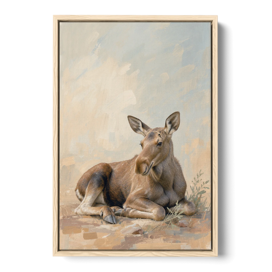 Moose Calf at Rest for the Modern Nursery - Oak Framed Canvas Wall Art - Front