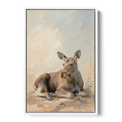 Moose Calf at Rest for the Modern Nursery - White Framed Canvas Wall Art - Front