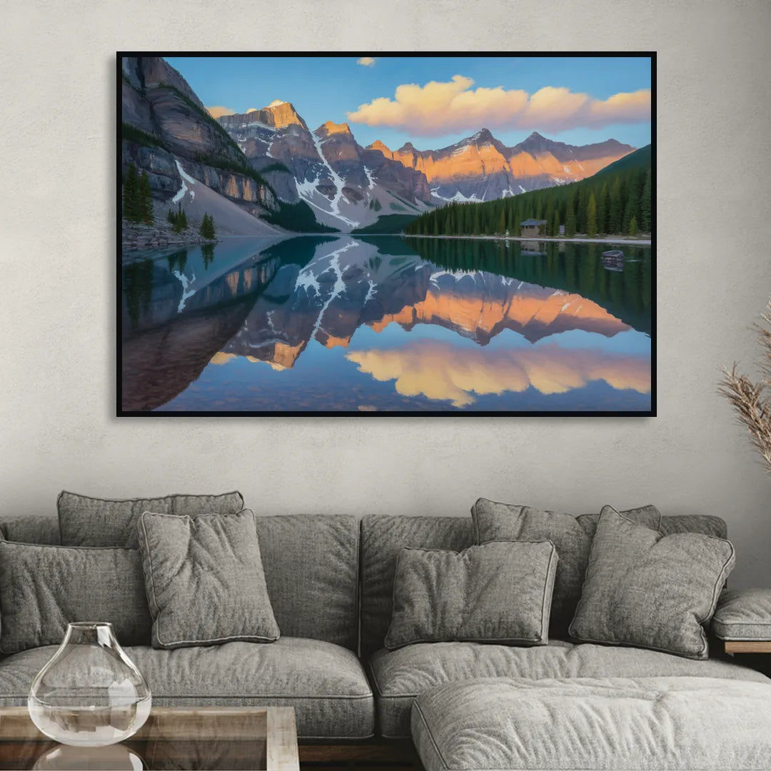 Moraine Lake Sunrise Sitting Room - Black Canvas Wall Art