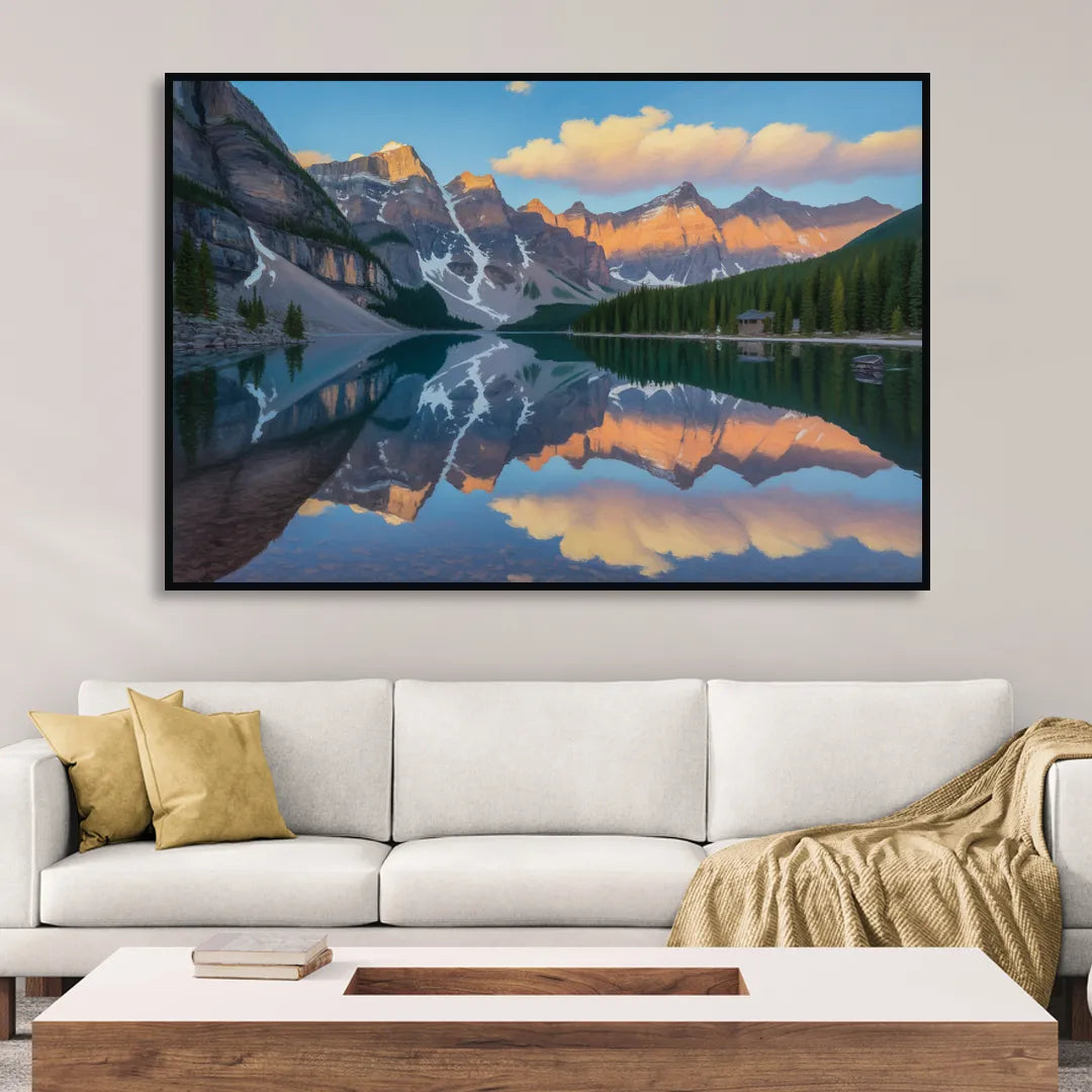 Moraine Lake Sunrise Living Room - Black Canvas Wall Art