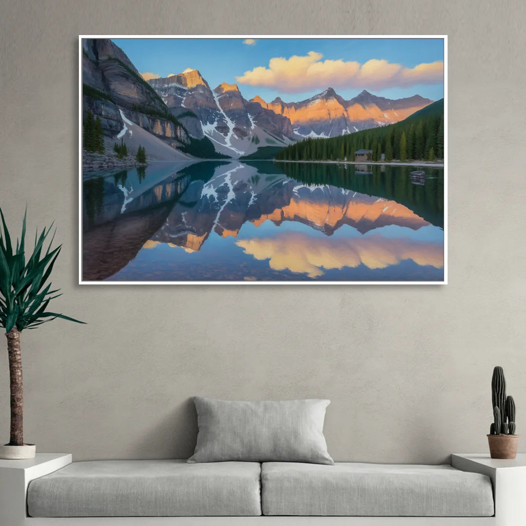 Moraine Lake Sunrise Living Room - White Canvas Wall Art