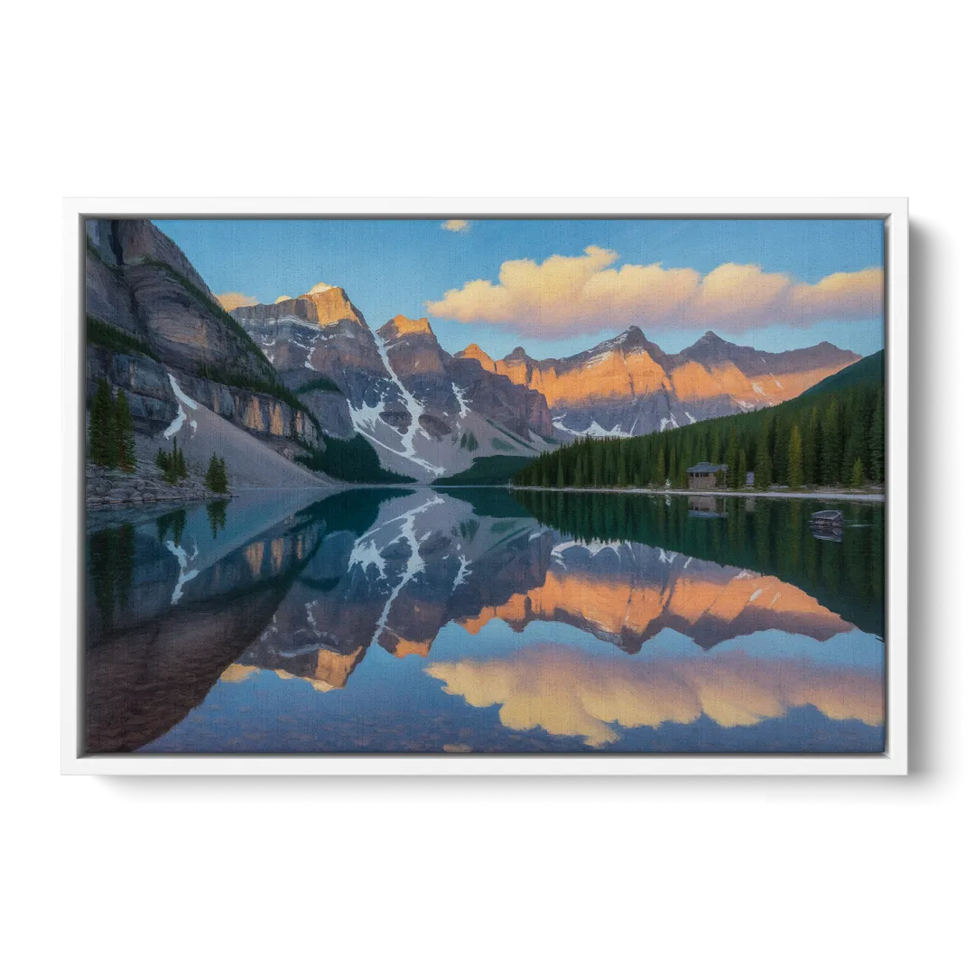 Moraine Lake Sunrise Front - White Canvas Wall Art