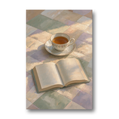 Morning Light Painting of Tea and an Open Book - Canvas Wall Art - Front