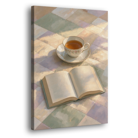 Morning Light Painting of Tea and an Open Book - Canvas Wall Art - Side