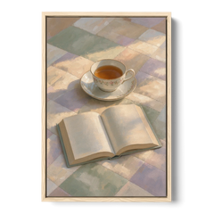 Morning Light Painting of Tea and an Open Book - Oak Framed Canvas Wall Art - Front