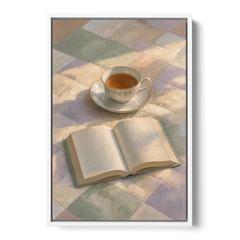 Morning Light Painting of Tea and an Open Book - White Framed Canvas Wall Art - Front